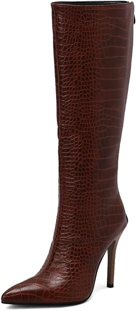 RENKEMUMU Pointed Toe Knee High Boots for Women High Heel Tall Boots Zipper Long Boots Sexy Faux Pyt | Amazon (US)