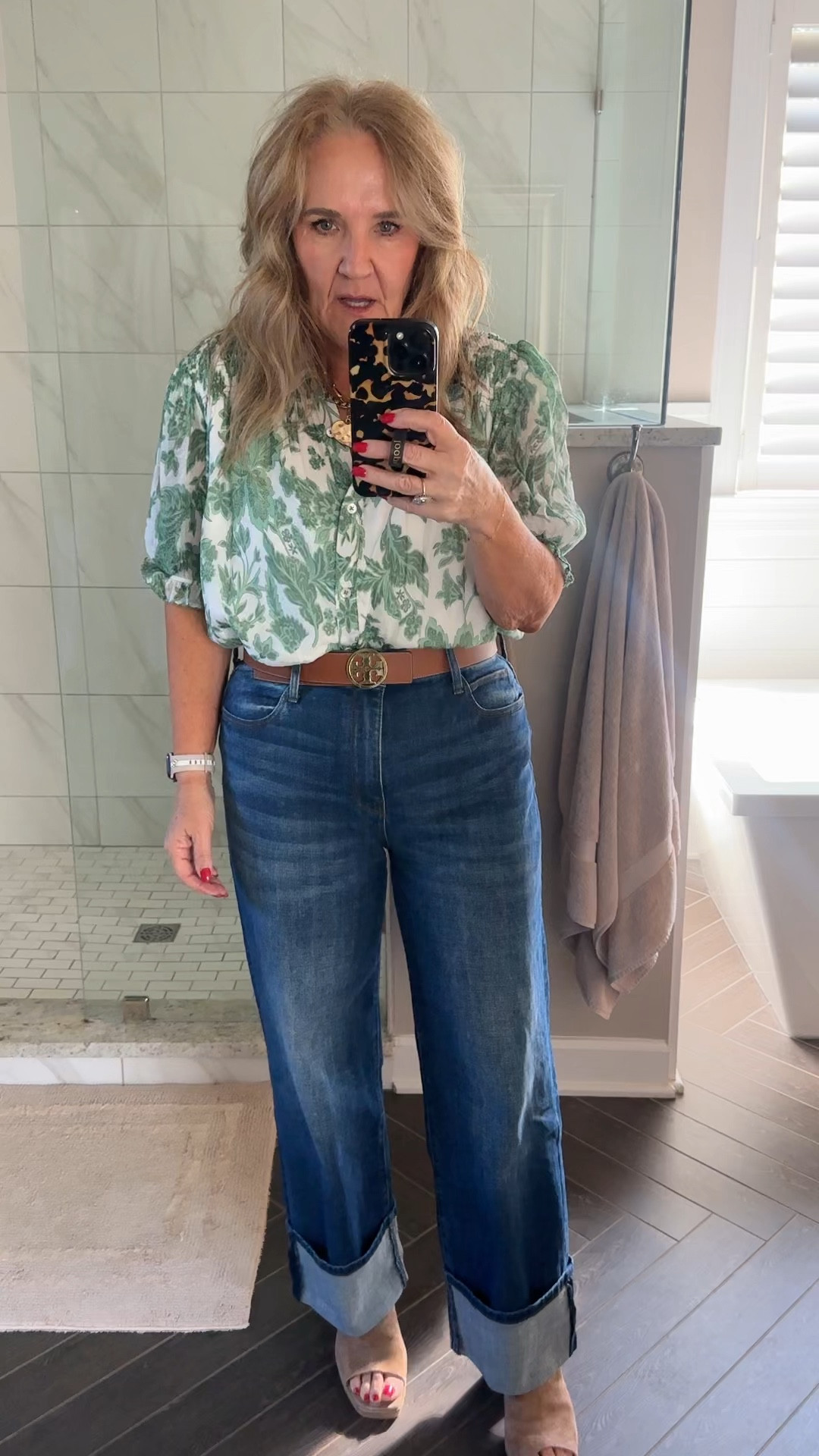 Blouse size large. It’s such a pretty print for fall.
Jeans I’m wearing a size 10/30 and they are saggy but I like this. If you want them more fitted size down! 
If you need a new bra, I am loving my new wireless underwire bras by Abby. Use my code NANETTEFS15 for 15% off and free shipping. 

I am wearing a large in my Tory Burch reversible belt. 

Eby bras fall blouse, green floral blouse, current air, cuffed denim kut from the kloth jeans fall outfit

#LTKOver40 #LTKMidsize #LTKFindsUnder100