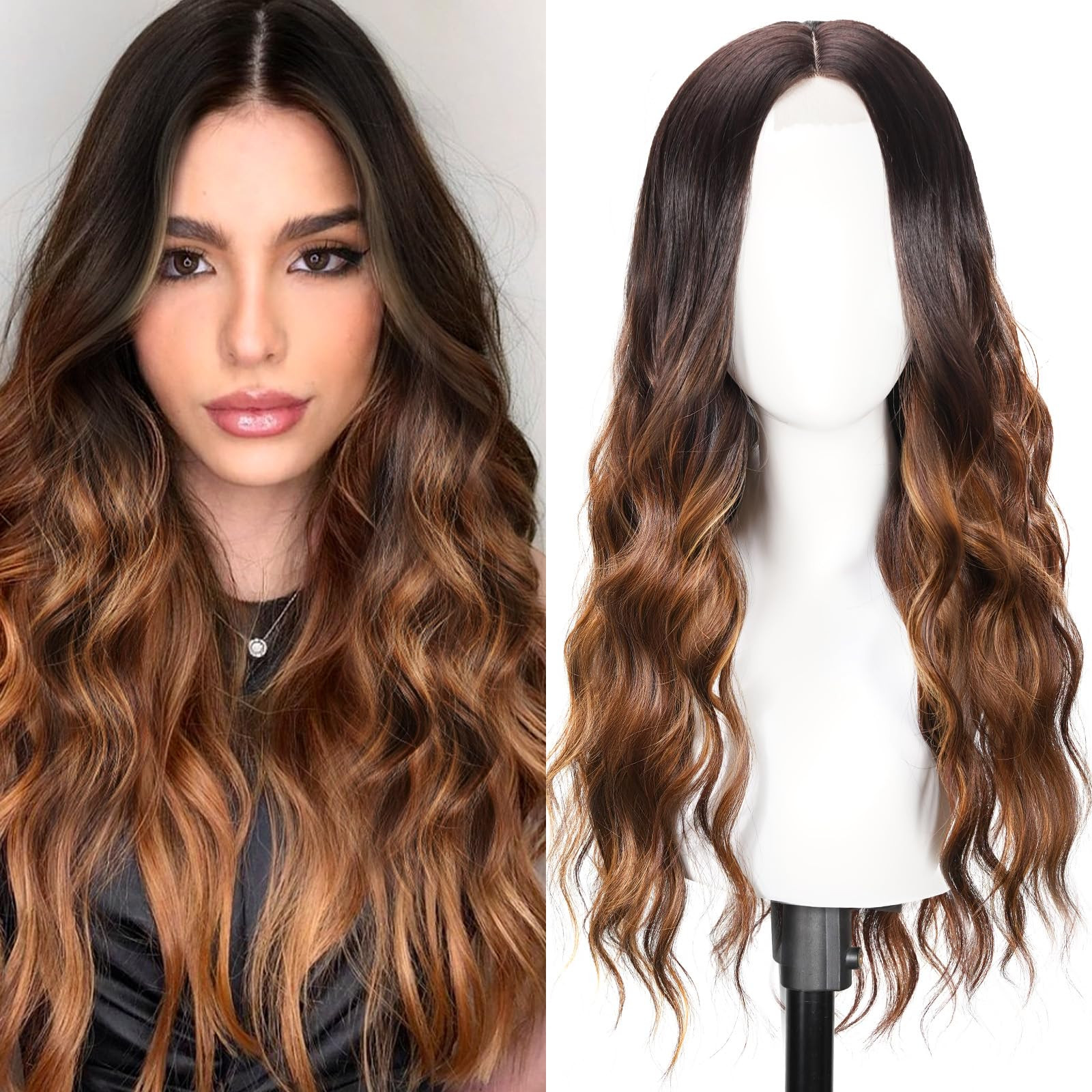 Brown Highlight Wig for Women, 26 Inch Long Wavy Lace Hairline Middle Part Natural Looking Synthe... | Amazon (US)