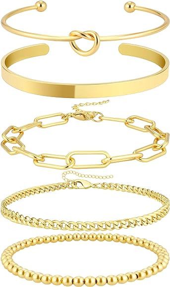 14K Gold Plated Bangle Cuff Bracelets Set for Women Trendy Dainty Gold Chain Bracelet Stack for W... | Amazon (US)