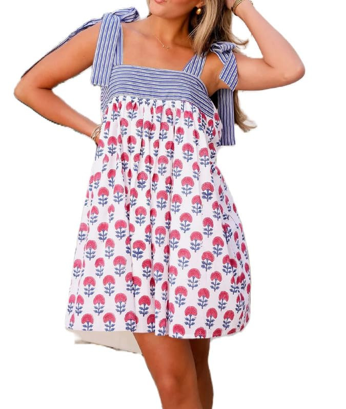 Women Floral Tie Shoulder Mini Dress Cute Square Neck Loose Fit Beach Short Dress Backless Boho V... | Amazon (US)