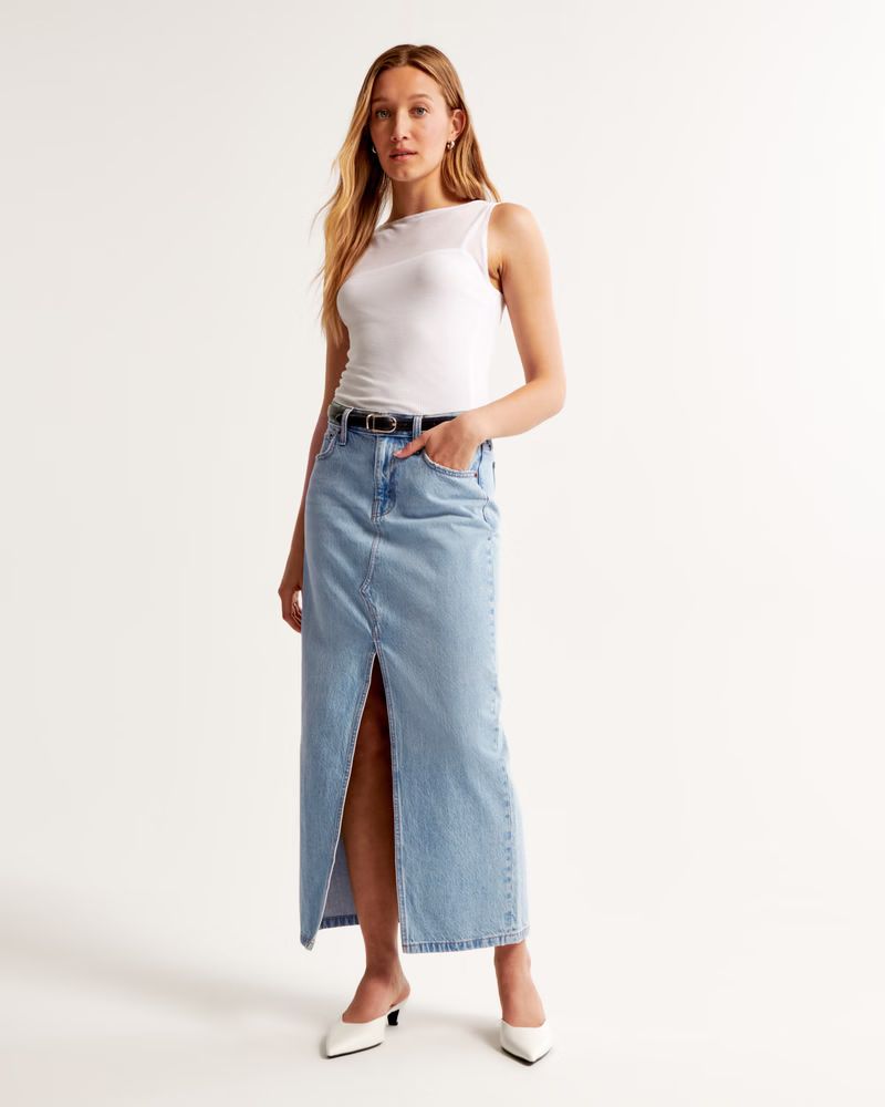 Women's Low Rise Denim Maxi Skirt | Women's Bottoms | Abercrombie.com | Abercrombie & Fitch (US)