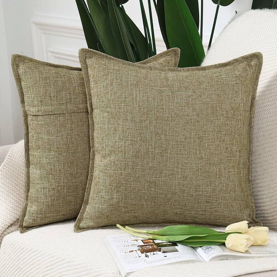 MADIZZ Set of 2 Flanged Linen Throw Pillow Covers 18x18 Inch Moss Green Soft Decorative Cushion C... | Amazon (US)