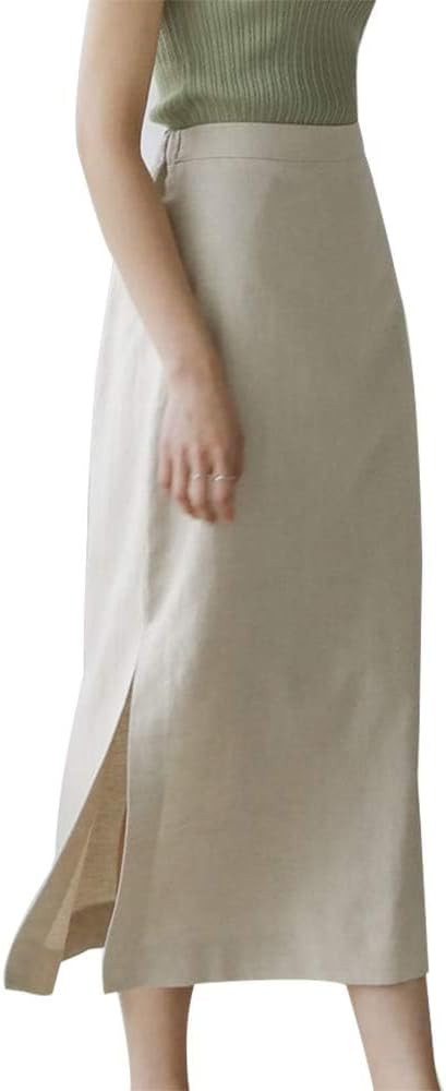 Ylingjun Womens High Waisted Straight Cotton Linen Long Skirt with Slit | Amazon (US)