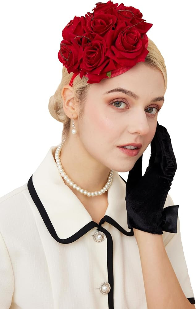 Gionforsy Kentucky Derby Hats for Women Floral Rose Fascinator Hat with Pearl Necklaces Gloves fo... | Amazon (US)