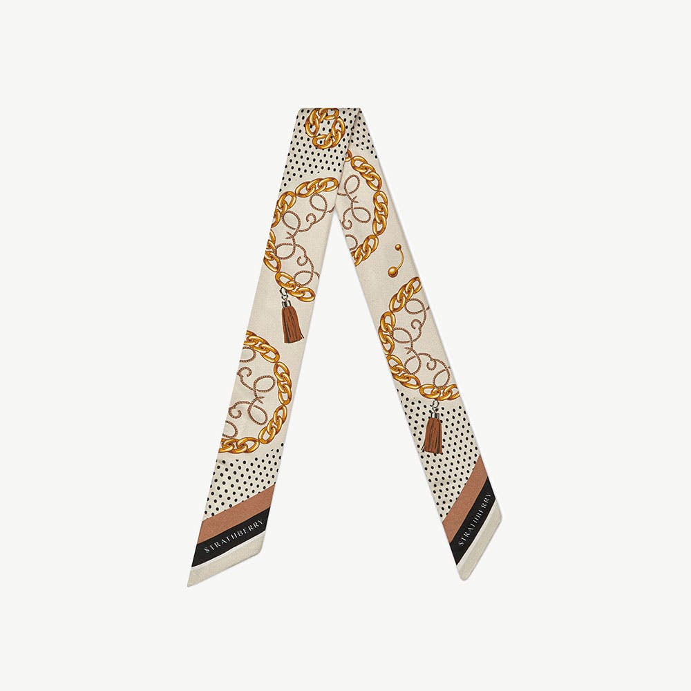 Strathberry - Silk Skinny Scarf - Black / Tan | Strathberry
