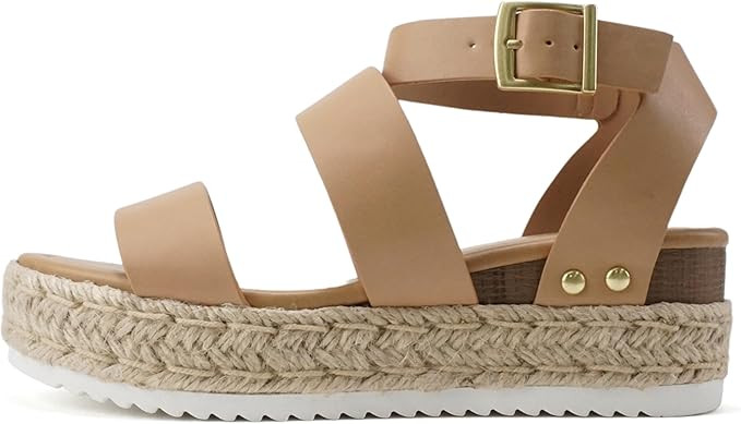 Soda Top Shoe Bryce Open Toe Buckle Ankle Strap Espadrilles Flatform Wedge Casual Sanda | Amazon (US)