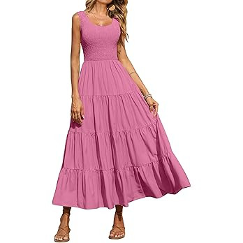 Women's 2026 Casual Loose Plain Maxi Sundress Smocked Tank Dress Sleeveless Spring Beach Tiered L... | Amazon (US)