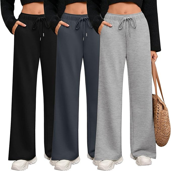 Riyiper 3 Pack Women Wide Leg Sweatpants Drawstring Straight Pants Elastic Waist Joggers Open Bot... | Amazon (US)
