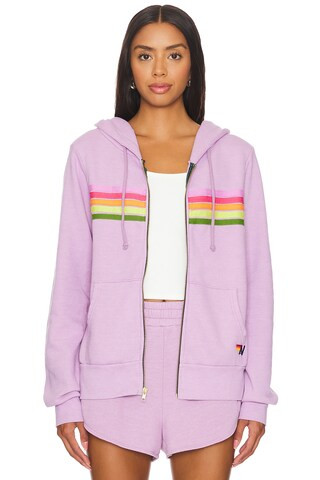 Aviator Nation 5 Stripe Zip Up Hoodie in Mauve/pink Green from Revolve.com | Revolve Clothing (Global)
