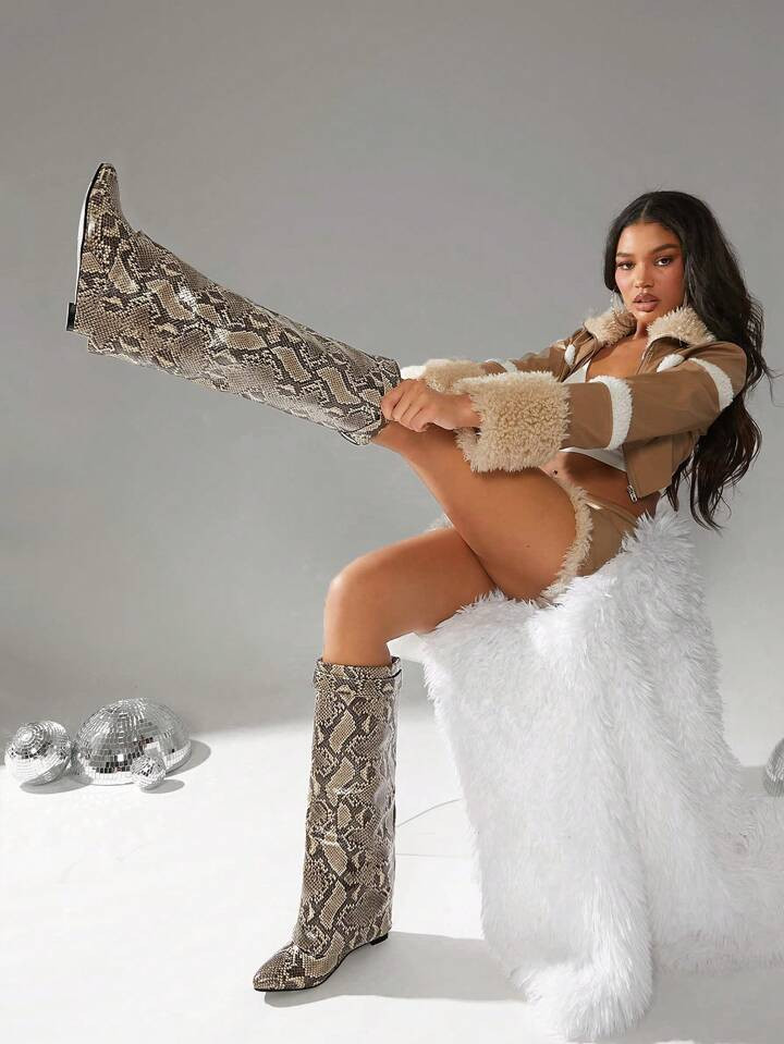 SHUZIA Women Shoes Pointy Toe Wedge Heel Snake Pu Boots Women Fashion Knee-High Boots Summer Shoes Spring Shoes Spring Break Easter | SHEIN