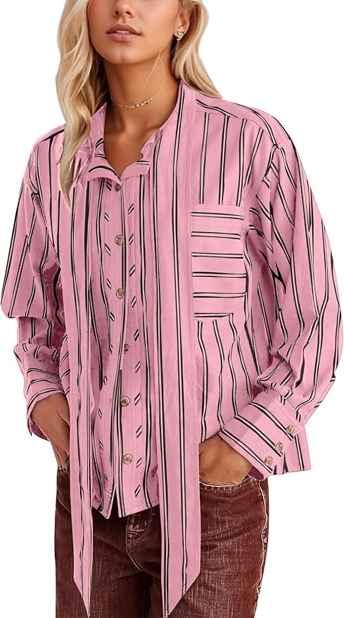 MISSACTIVER Women Bow Tie Front Striped Button Down Shirt Tops Long Sleeve Tie Neck Loose Trendy ... | Amazon (US)