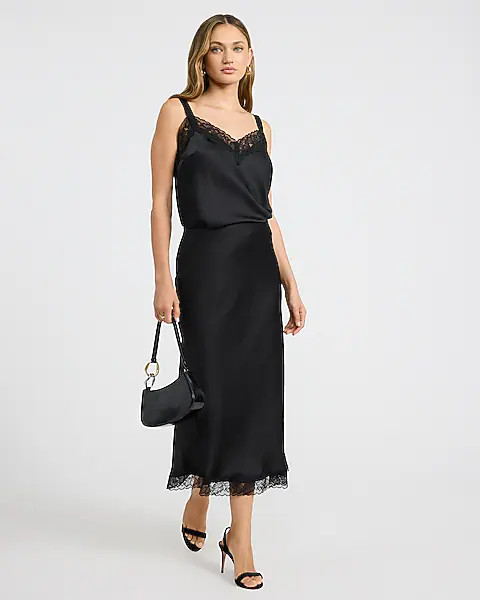 Satin Lace Trim High Waisted Midi Skirt | Express