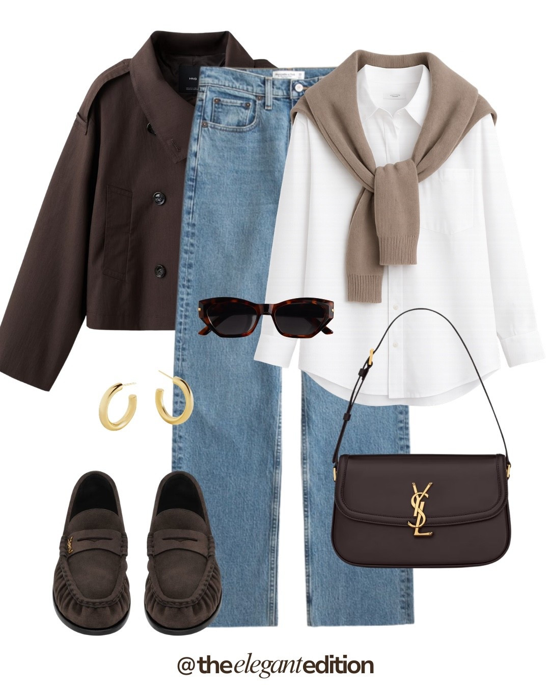 YSL Loafers Spring Outfit 🤎💙
Tags: light blue denim straight leg chocolate brown blazer cropped oversized white shirt crisp oversized taupe knit scarf draped chocolate brown YSL loafers gold hardware detail chocolate brown YSL shoulder bag crossbody gold hardware sunglasses tortoise cat eye gold earrings hoop spring transitional casual chic elegant sophisticated
#LTKspring #LTKstyletip #LTKshoes​​​​​​​​​​​​​​​​

#LTKstyletip #LTKspring #LTKeurope