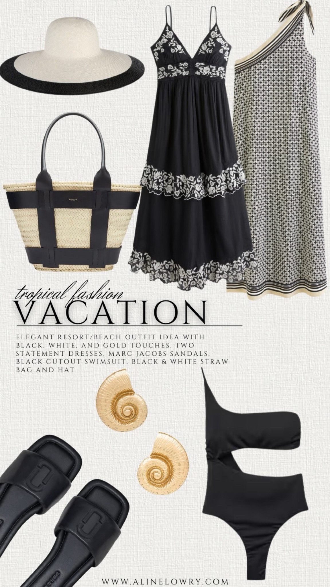 Tropical Vacation Outfit Idea. Black and white beachwear, resort wear. STATEMENT DRESSES, MARC JACOBS SANDALS.
BLACK CUTOUT SWIMSUIT. BLACK & WHITE STRAW BAG AND HAT



#LTKswim #LTKstyletip #LTKU