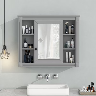 FAMYYT 35 in. W x 28 in. H Rectangular MDF Board Surface Mount Bathroom Medicine Cabinet with Mirror, Adjustable Hinge, Grey | Target