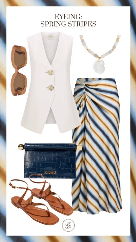 Spring stripes
White vest
Stripe midi skirt 
Wrap sandals
Shell necklace 