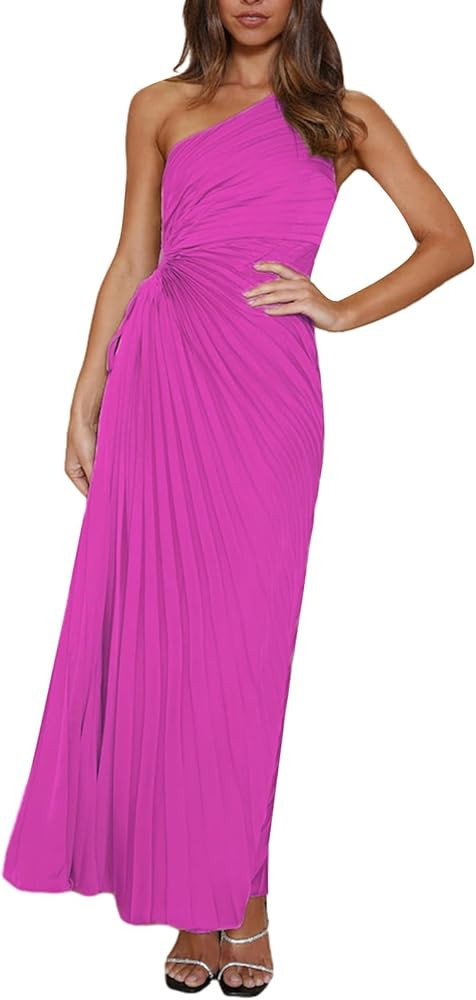 Women One Shoulder Sleeveless Cut Out Dress Sexy Maxi Smocked High Waist Flowy Pleated Bodycon Go... | Amazon (US)