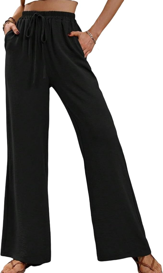 Women Linen Trousers with Pockets Summer Wide Leg Casual Pants High Waisted Drawstring Trousers f... | Amazon (UK)