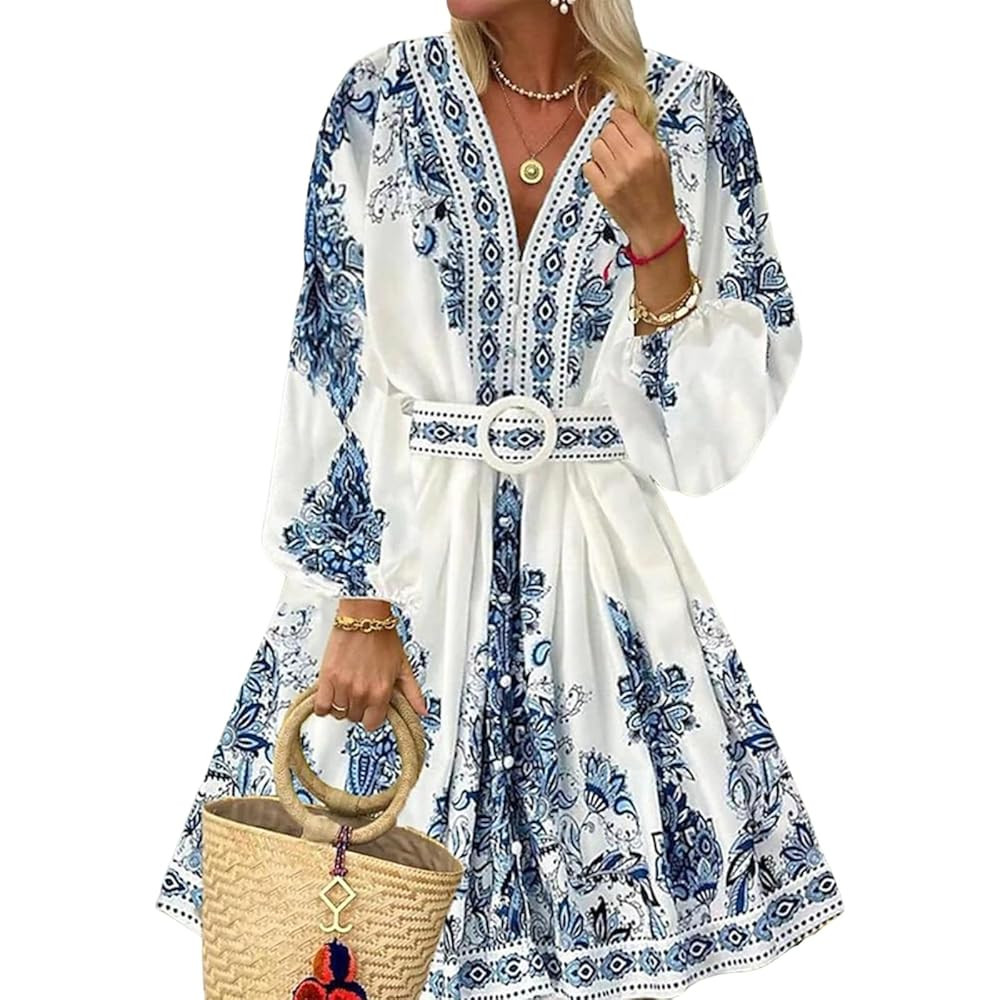 Women's Long Sleeve White and Blue Floral Print V-Neck Mini Dress with Belt Bohemian Style Elegan... | Amazon (US)