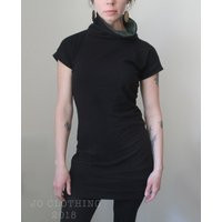 Funnel Neck Tunic Dress/Short Sleeved/Black With Green Detail/Womens | Etsy (US)