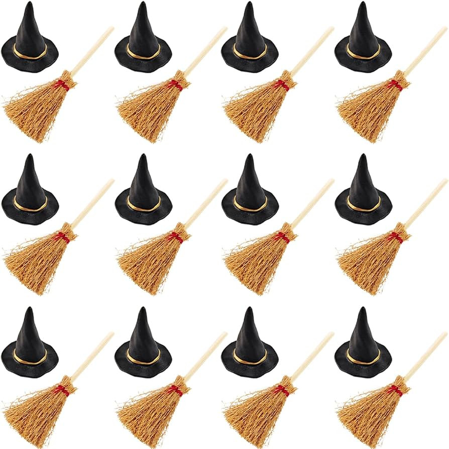 GXXMEI 24PCS/Set Mini Witch Hat with Mini Broom Miniature Straw Brooms with Red Rope Plastic Witc... | Amazon (US)