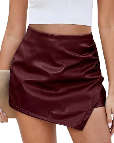 Vetinee Faux Leather Skorts for Woman High Waisted Pull On Shorts Elastic Waist Ruched Wrap Asymm... | Amazon (US)