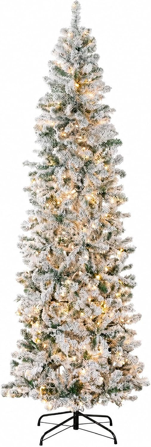 Best Choice Products 6ft Flocked Pencil Christmas Tree w/Twinkling LEDs, Pre-Lit Slim Artificial Holiday Decoration, Lighted Skinny w/Base, 250 Lights, 502 Tips, Warm White Lights | Amazon (US)