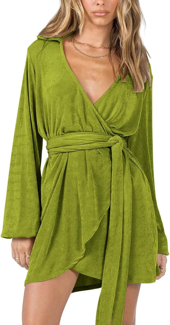 LILLUSORY Womens Fall Wrap Cocktail Dress Long Sleeve Deep V Neck Tie Waist Evening Dresses Pink ... | Amazon (US)