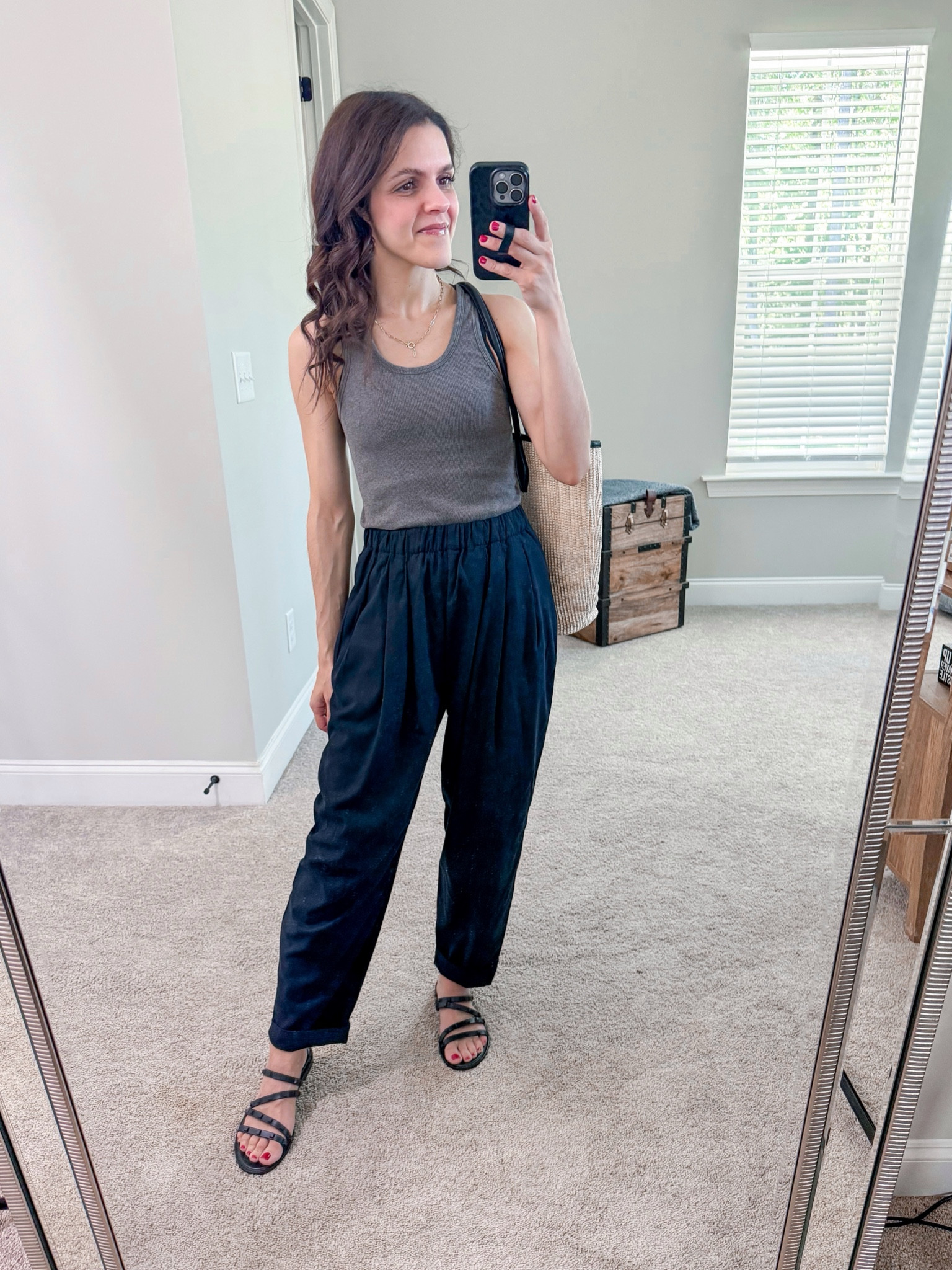 #ootd | Daily Look | ribbed tank, tapered linen pant, black strap sandal, straw tote bag

#LTKStyleTip