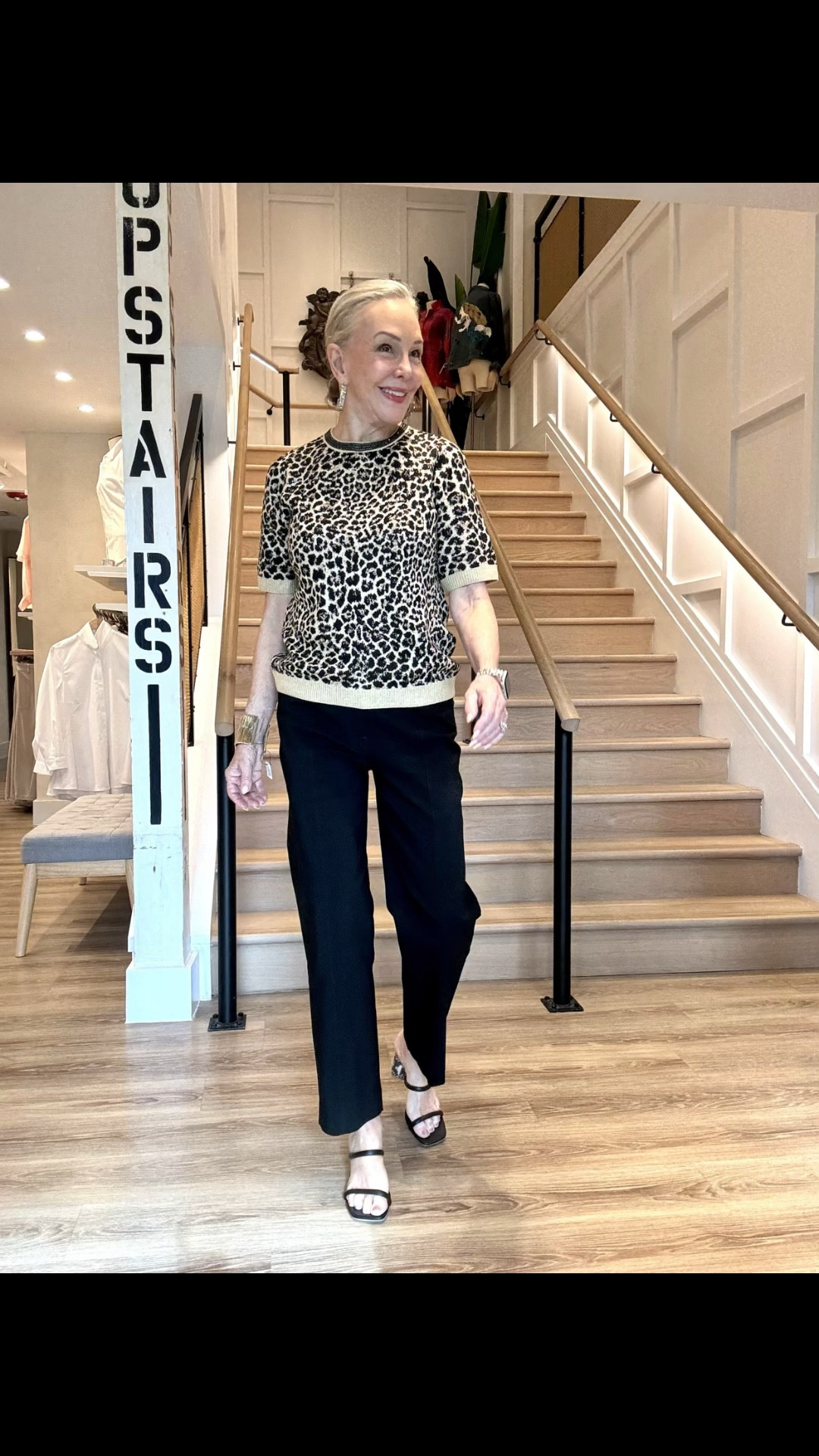 The Embellished Crewneck Animal-Print Sweater gracefully unifies glamour and elegance. Black crystals adorn the crew neckline. Cut from a super-soft jacquard knit with a smooth handfeel, and back zipper closure in the back, borrowing from dress designs. Wear with black pants or jeans. 

Chico's bestselling Juliet Straight Ankle Pants are constructed with our proprietary 180 technology that smooths and slims your shape. Made from our Ponte to deliver a luxurious double-knit pant experience that brings the perfect balance of softness and structure—perfect for inspiring confidence.
Gold sandals Black strappy sandal
I wear a size 0 in Chico’s unique sizing
