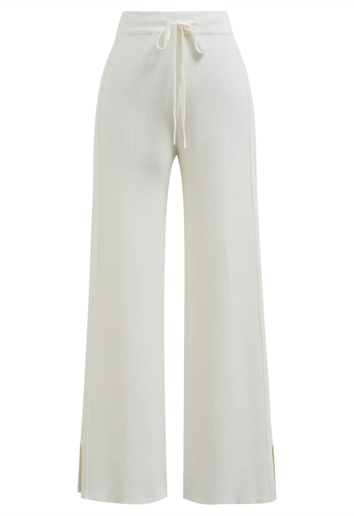Drawstring Waist Side Slit Knit Pants in Ivory | Chicwish