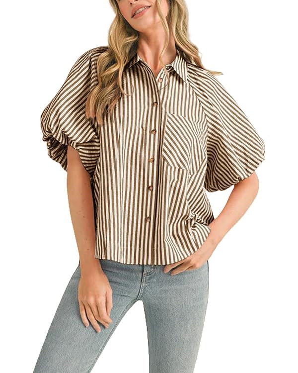 Women's Striped Button Down Shirt Puff Sleeve Collared V Neck Loose Casual Dressy Blouse Top | Amazon (US)