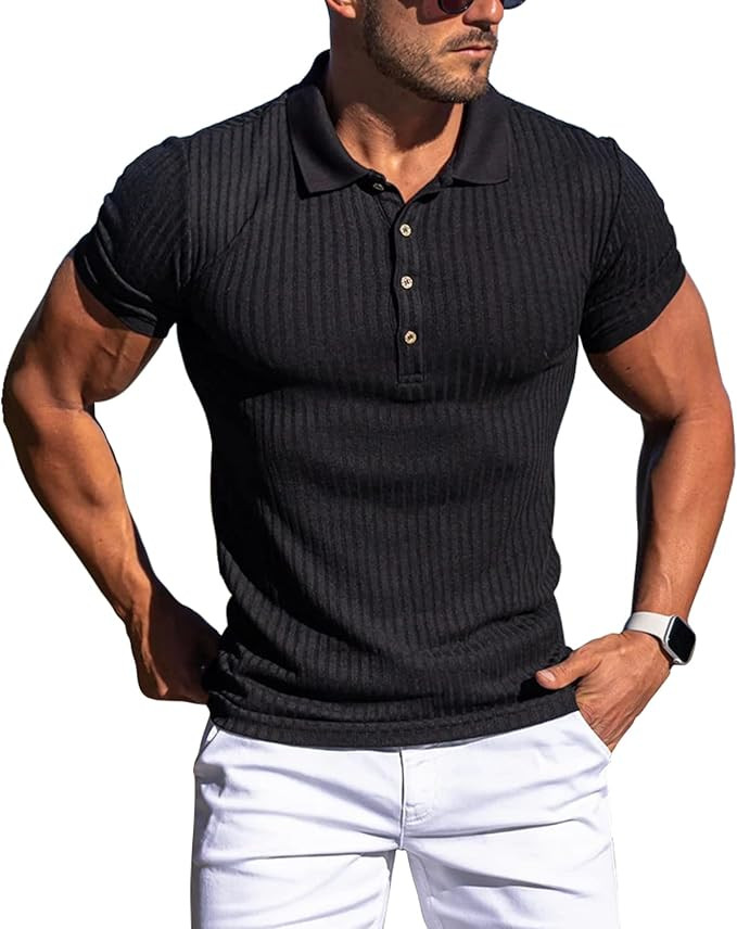 Collared Muscle Polo Shirts Men Slim Fit Textured Knit Polo Shirts Short Sleeve Button Down Shirt... | Amazon (US)