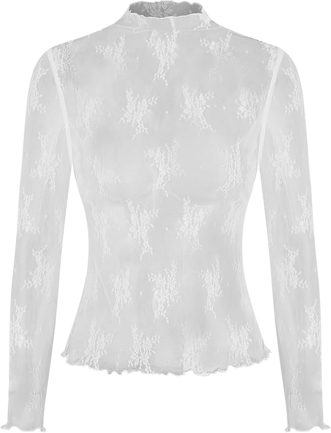 CIDER Mesh Sheer Long Sleeve Layering Top Sexy Y2k Mock Neck Floral Lace See Through Shirt Blouse... | Amazon (US)