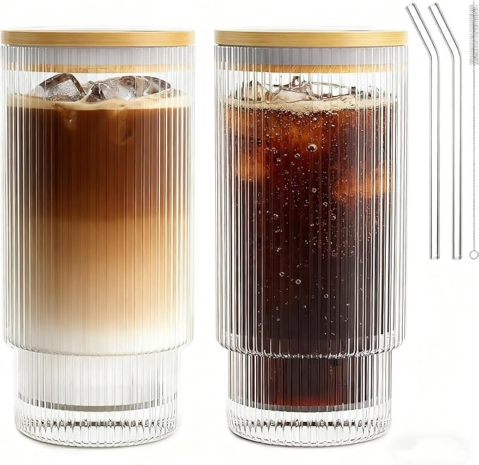 16OZ Ribbed Glass Cups with Lids and Straws,Iced Coffee Cups with Bamboo Lid,Vintage Glassware fo... | Amazon (US)