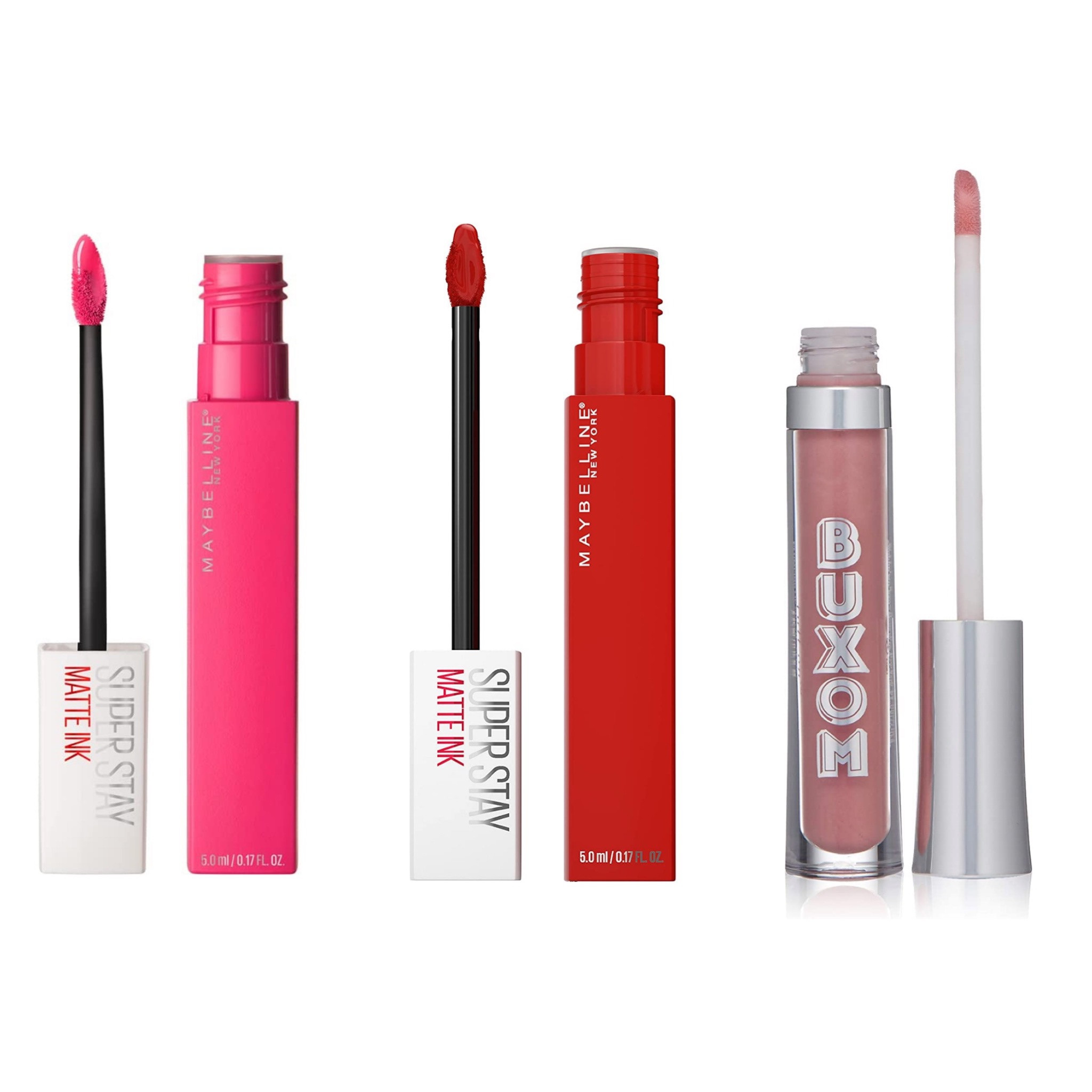 My all time fav lip products and colors 
Pink Matte Lipstick in ROMANTIC
Red Matte Lipstick in INNOVATOR
Buxom Lip Cream in DOLLY 