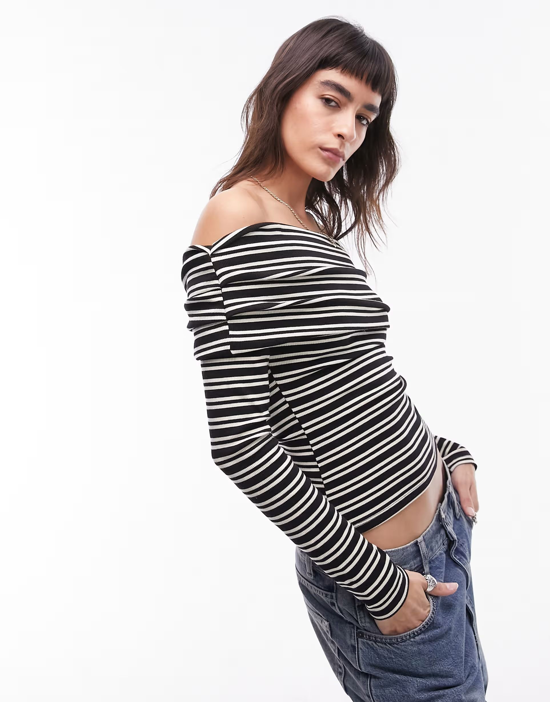 Topshop stripe long sleeve bardot in mono | ASOS (Global)