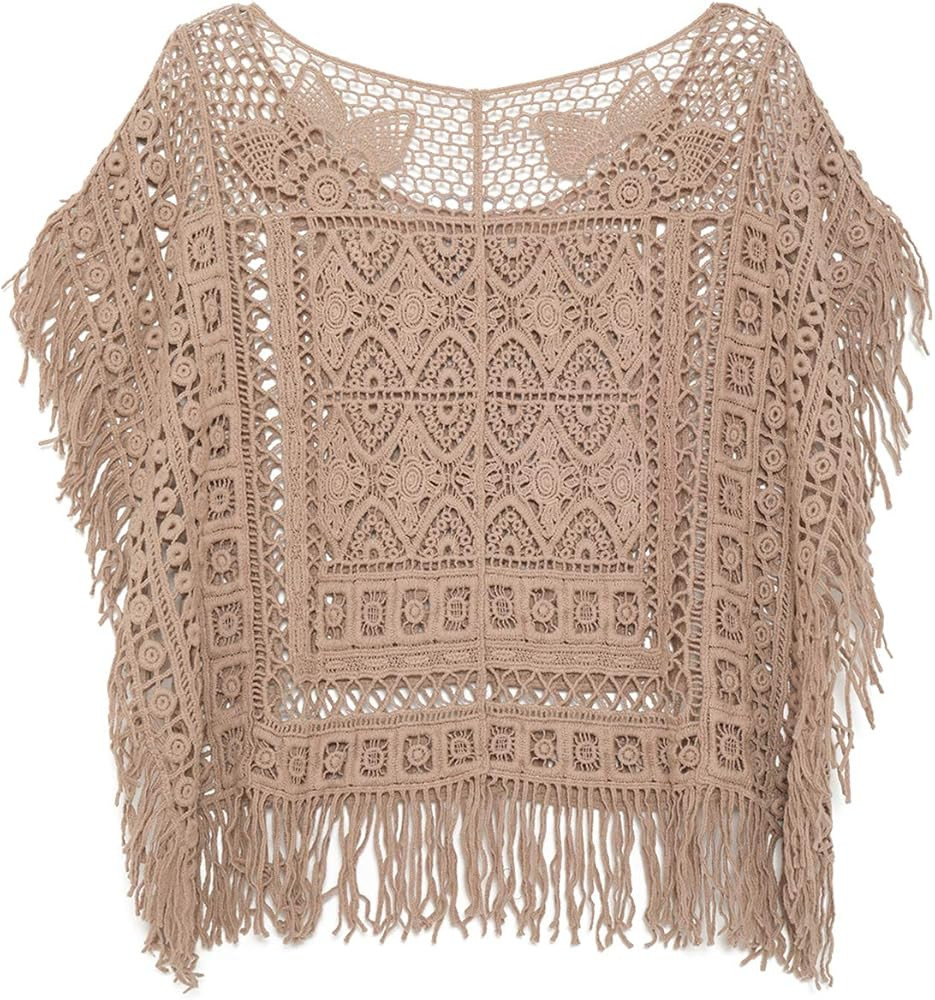 JASTIE Women Boho Hippie T-Shirt Tunic Tops Crochet Blouse Shirt Hollow Out Beach Swimsuit Cover Up | Amazon (US)