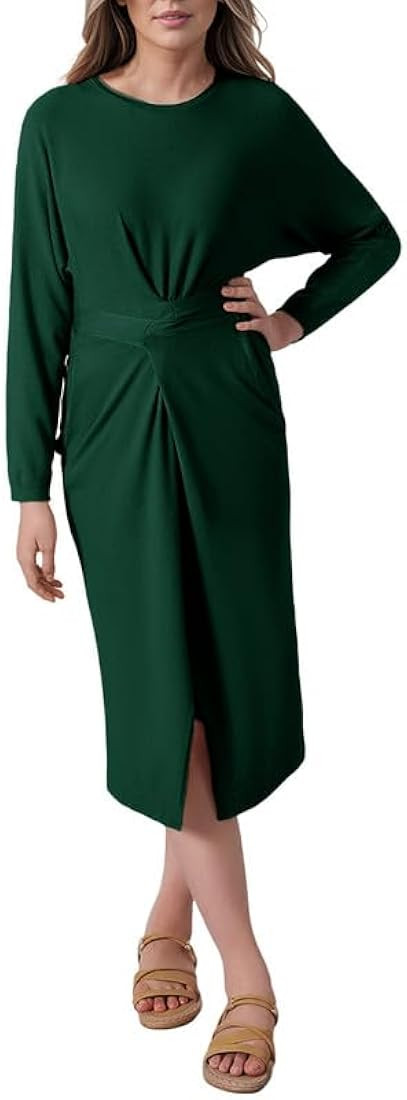 Dokotoo Womens Sweater Dress Ruched Twisted Tie Waist Crewneck Long Sleeve Knit Slit Midi Dresses wi | Amazon (US)