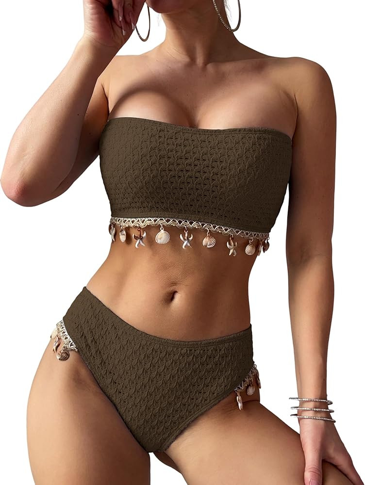 ZAFUL Women Strapless Bandeau Bikini Shell 2 Piece Swimwear Cheeky Solid Lace up Pom Bathing Suit... | Amazon (US)