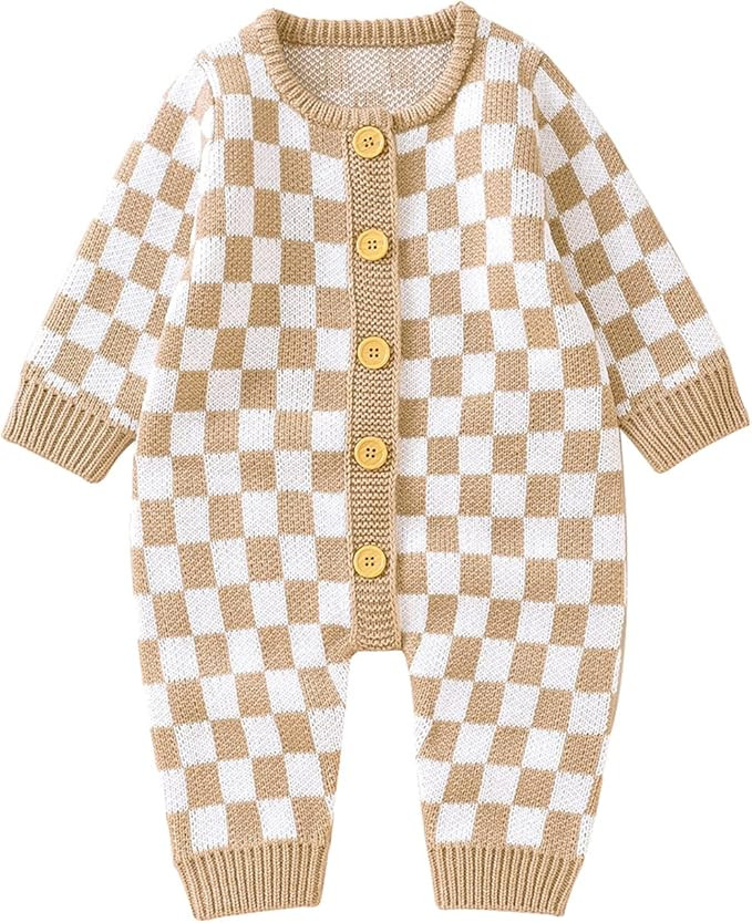 Gueuusu Infant Baby Girl Boy Knitted Sweater Romper Jumpsuit Checkerboard Plaid Print Long Sleeve... | Amazon (US)