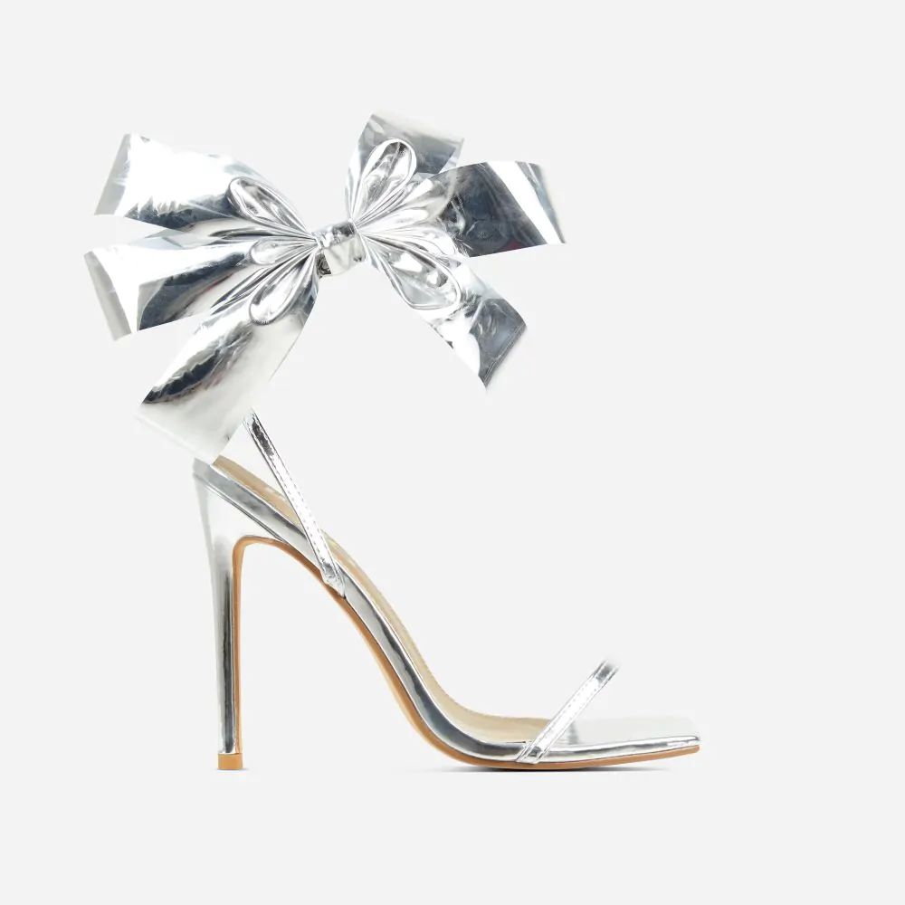 Beau Oversized Bow Detail Square Toe Stiletto Heel In Silver Faux Leather | Ego Shoes (UK)