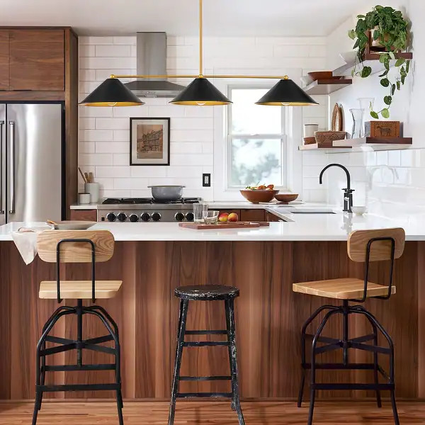 3-Light Modern Industrial Black& Gold Island Pendant Light Metal Cone Linear Chandeliers For Dini... | Bed Bath & Beyond