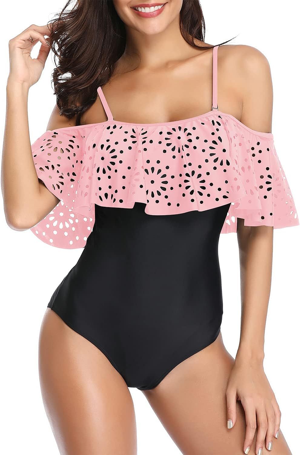 Tempt Me Women One Piece Off Shoulder Lace Swimsuits Ruffle Flounce Hollow Bathing Suits | Amazon (US)