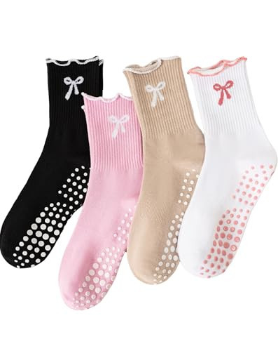 Tuuwjo 4 pairs ruffle pilates grip socks with bow non slip | Amazon (US)