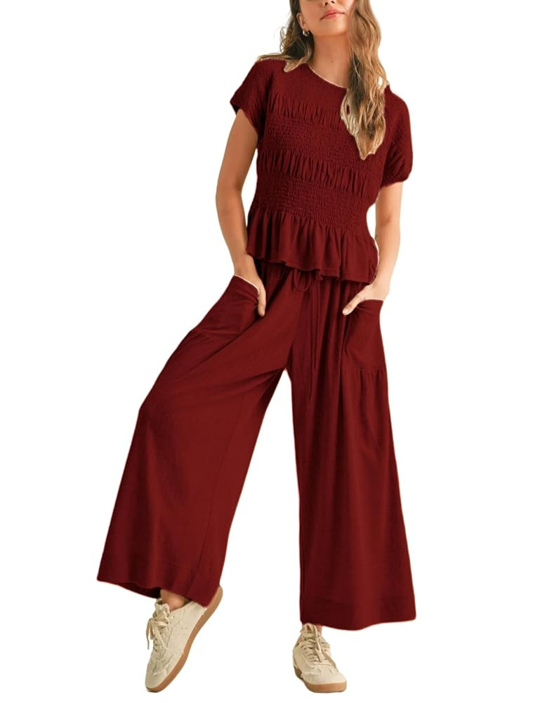 Womens 2 Piece Smocked Top Wide-Leg Pants Set High-Waisted Lounge Outfit with Pockets Casual Boho... | Amazon (US)