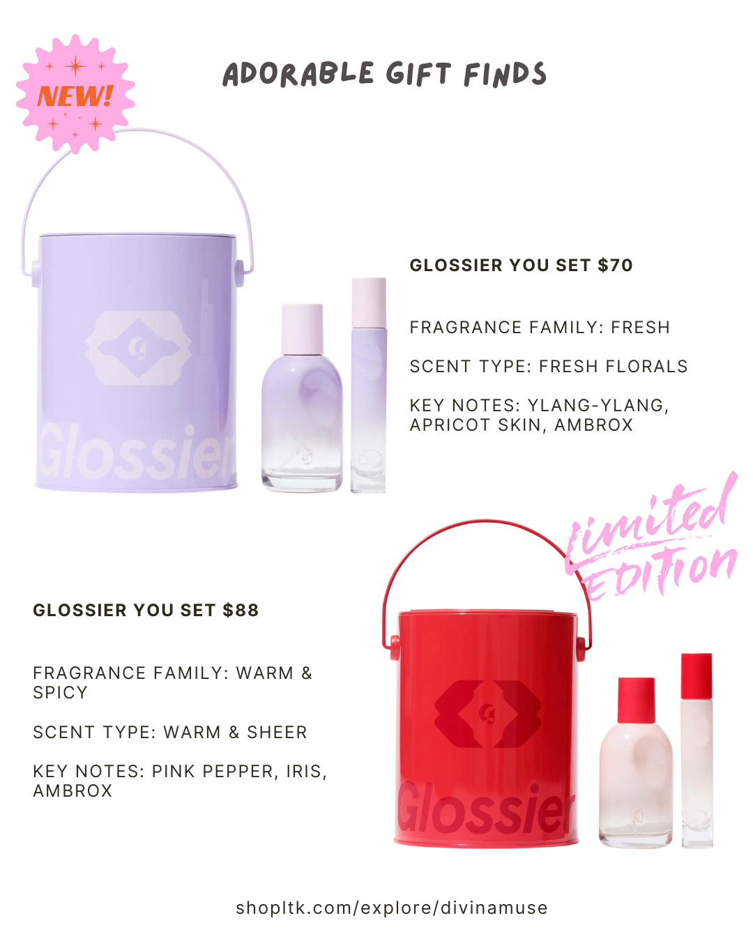 this is so cute!! glossier you perfume set that includes the regular and a travel size roll on fragrance. Presented in this adorable container. there are 2 versions. the purple perfume bottle has a fresh floral scent with keynotes ylang ylang, apricot, ambrox. the red is more warm and spicy, a sheer warmth on the skin with keynotes pink pepper, iris, ambrox. 

both these scents are suppose to respond to your own skin to custom mix a special scent. though the undertones have the same notes, the overall note is "you". 

i think this is the most adorable gift for those who love fragrances, perfumes, and a little bit of presentation ;) a great beauty gift idea for her (sister, mother, daughter, bestie, wife, girlfriend, yourself) but also is labelled as a unisex fragrance, so also a gift for him. 

#giftsforher #perfumesets #sephorasets #sephoraholiday #beautygifts  

 #LTKCyberWeek #LTKSaleAlert #LTKFindsUnder100