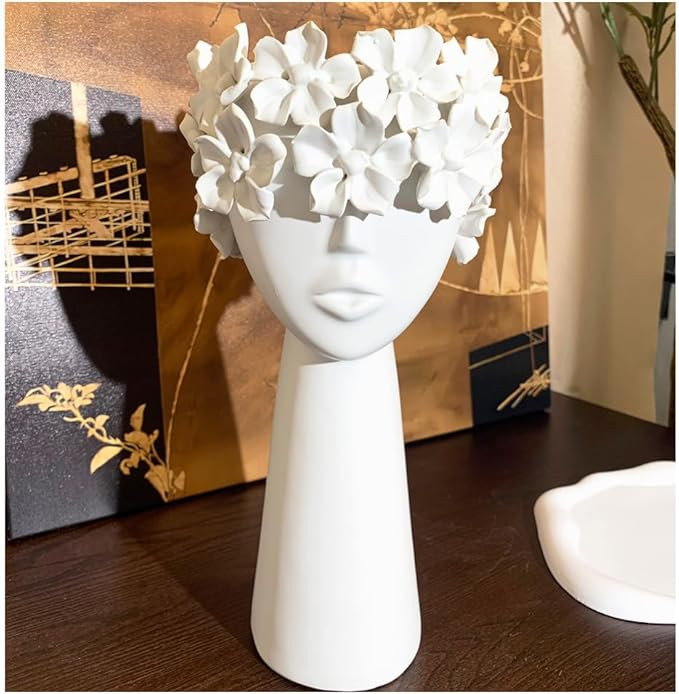 Ceramic Sculpture Female Head Face Flower Vase Decoration, Unique White Centerpiece for Home Deco... | Amazon (US)
