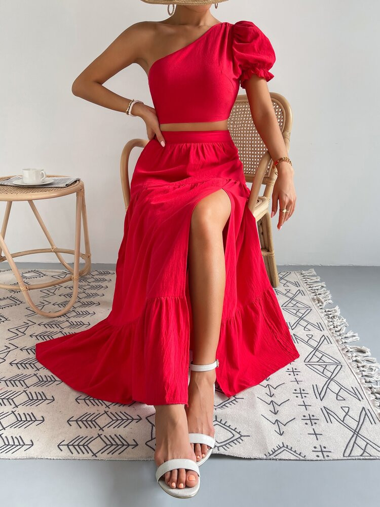 One Shoulder Puff Sleeve Crop Top & Split Thigh Skirt | SHEIN